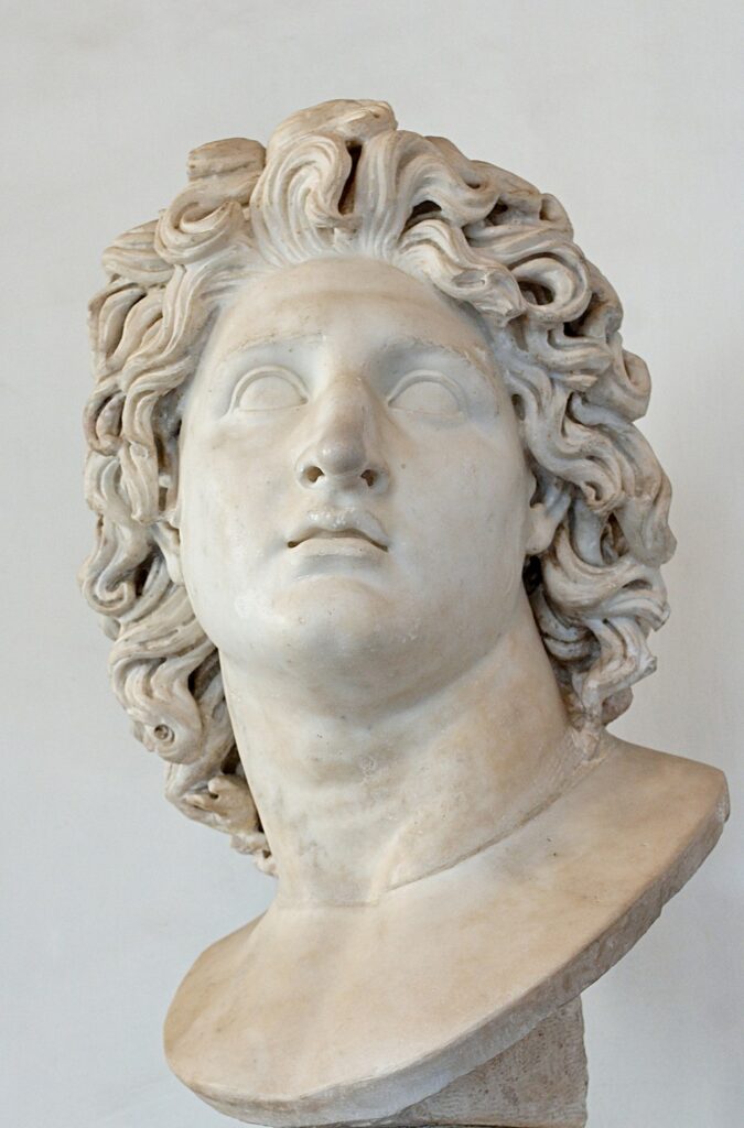 Alexander is depicted as a young man with abundant wavy hair down to shoulder level, gazing upwards