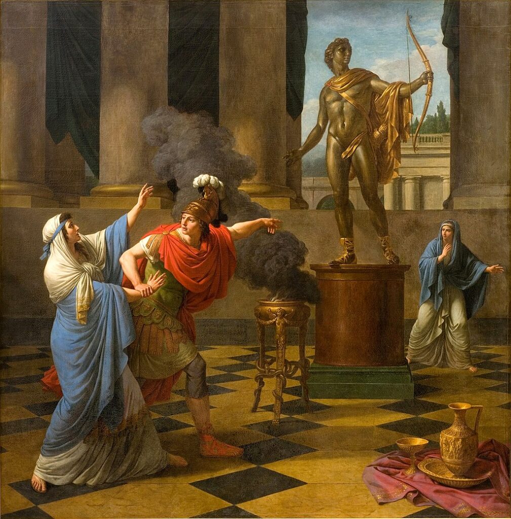 Painting: Alexander in armor, helmet, and red cloak, pointing at a golden statue of Apollo in a temple. Smoke billows from a small tripod, and two women cloaked in blue are also present.