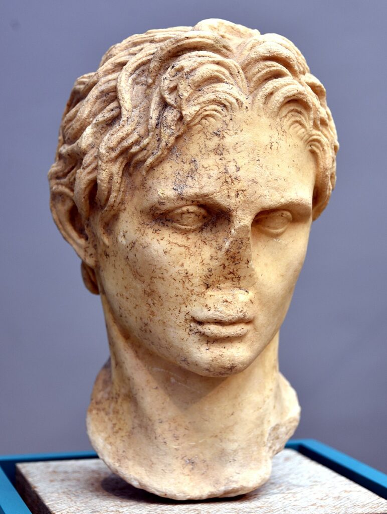 Alexander is depicted with short wavy hair, looking slightly downwards. The nose has suffered damage