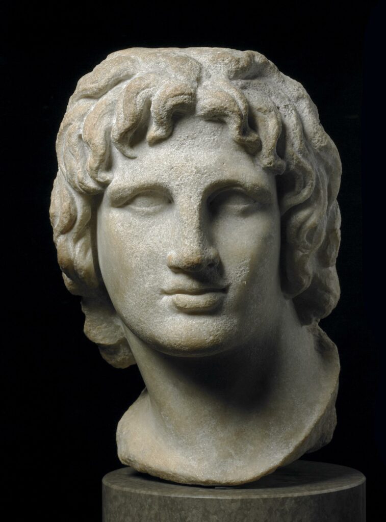 Marble bust, depicting Alexander with shoulder-length curly hair falling forward onto his forehead, head tilted