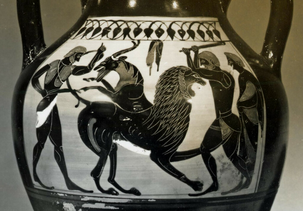 Vase painting, at center Chimera: lion's head facing right with mouth open and one front paw raised, goat's head with open mouth and long horns and goat's front legs rearing up from its back facing left. At left male figure with weapon confronting the goat head and serpent tail, at right male figure with club confronting the lion's head, another male figure behind him