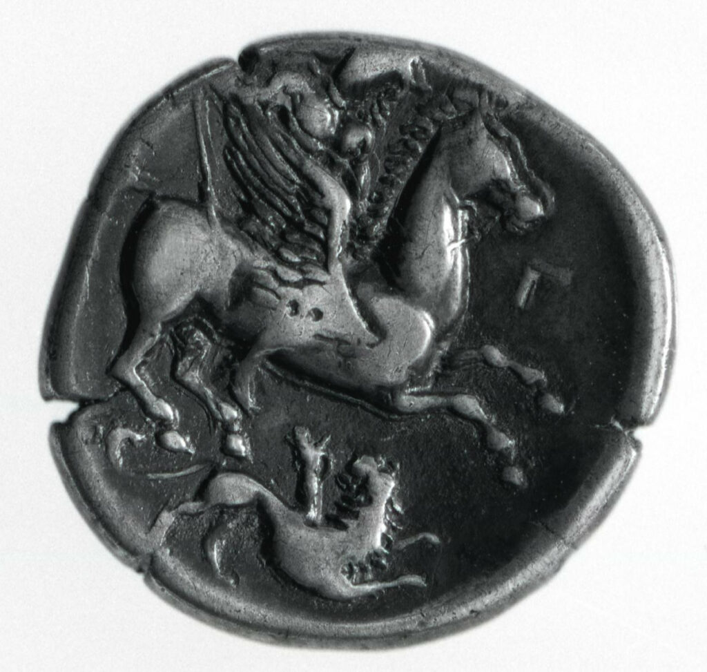Coin: At top: male figure on winged horse; at bottom indistinct creature with two heads