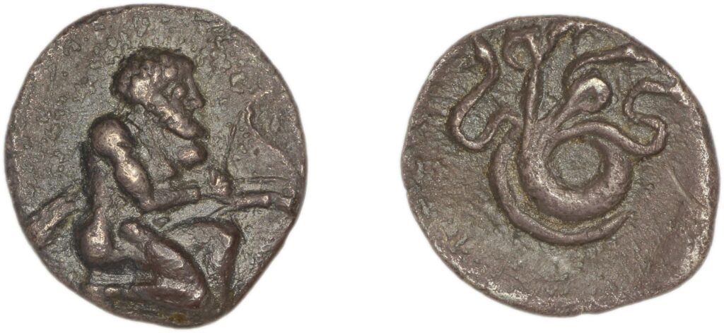 Coin: on left (obverse) bearded male figure crouching with bow and arrow. On right (reverse) serpentine creature with multiple heads