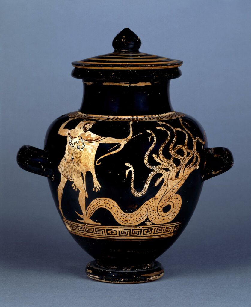 Vase with painting: male figure at left wearing lion's pelt and attacking with club and bow, on right serpentine body with multiple snakes' heads