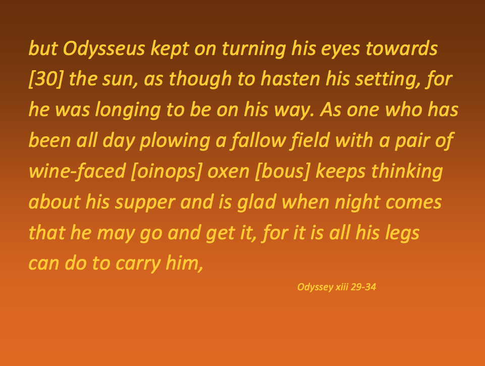 Quotation: "but Odysseus kept on turning his eyes towards the sun, as though to hasten his setting, for he was longing to be on his way. As one who has been all day plowing a fallow field with a pair of wine-faced [oinops] oxen [bous] keeps thinking about his supper and is glad when night comes that he may go and get it, for it is all his legs can do to carry him..." Odyssey 13.29–34