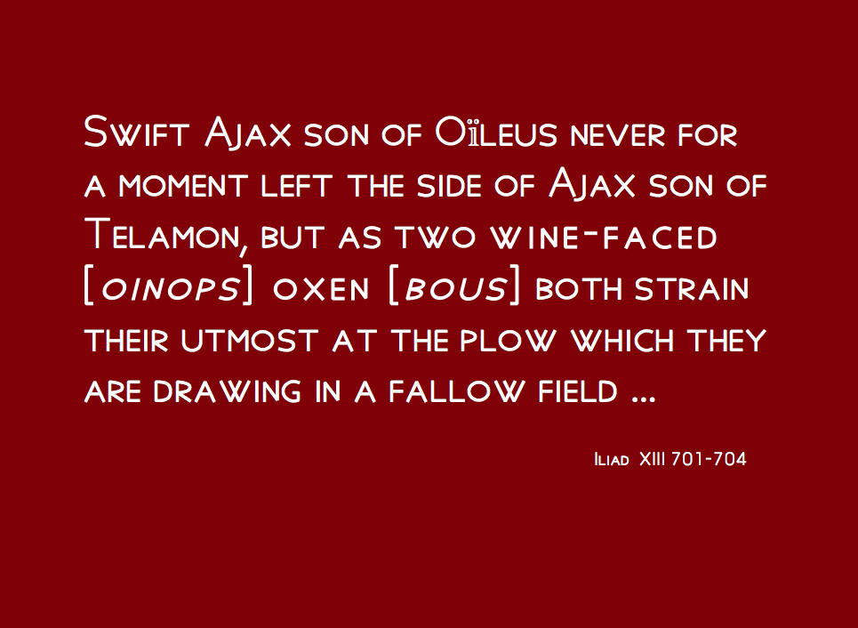 Quotation "Swift Ajax son of Oïleus never for a moment left the side of Ajax son of Telamon, but as two wine-faced [oinops] oxen [bous] both strain their utmost at the plow which they are drawing in a fallow field ..." Iliad 13.701–704