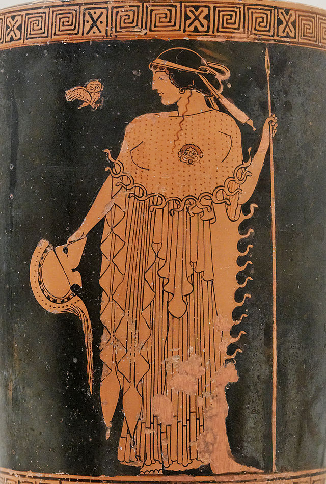 Vase: Athena holding spear and helmet, owl at left