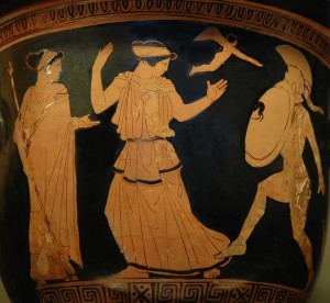 Helen and Menelaos. Menelaos intends to strike Helen, but captivated by her beauty he drops his sword. A flying Eros and Aphrodite watch the scene. (450–440) Louvre