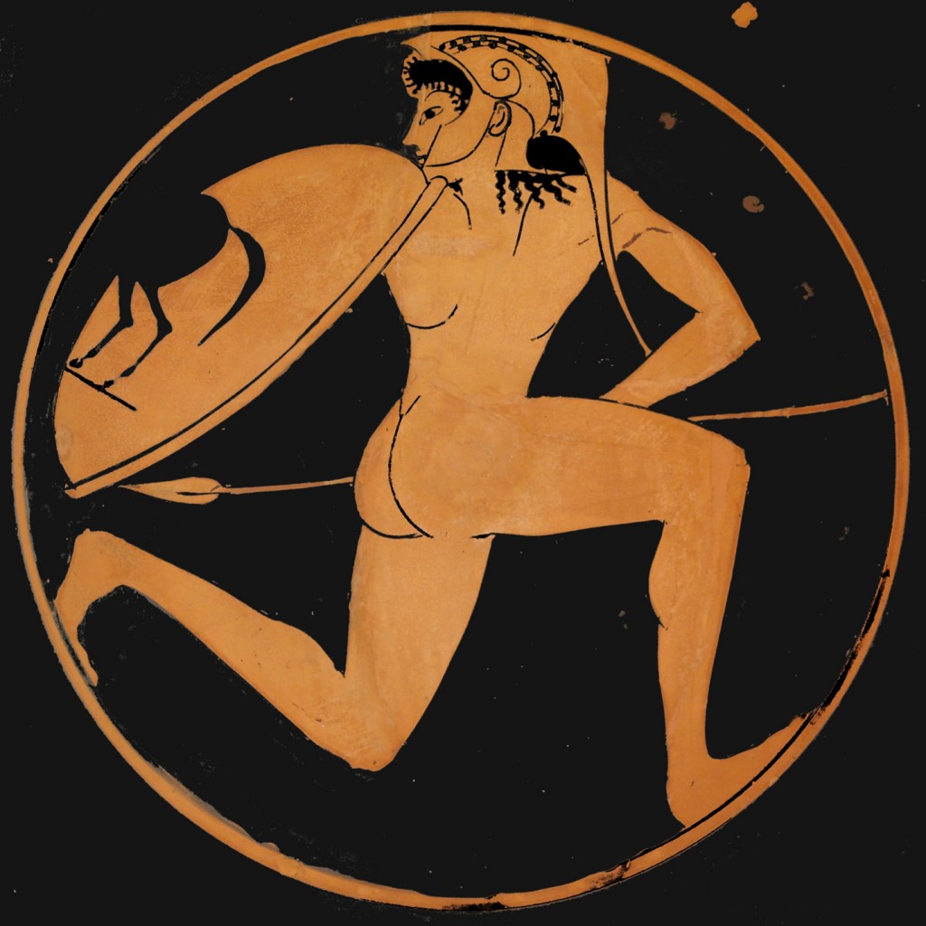 Greek kylix showing running warrior