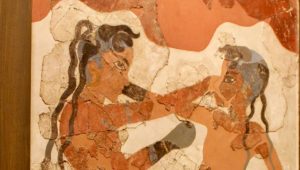 Fresco of two boxing boys. Found in Akrotiri, an ancient Bronze Age settlement destroyed by an earthquake in the 16th century BCE.