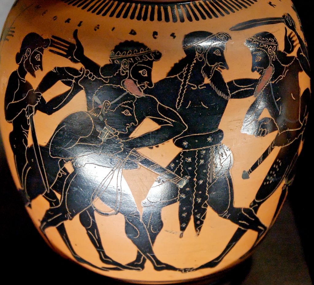 Odysseus and Ajax fighting over the arms of Achilles