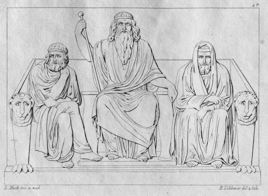Minos, Aiakos, Rhadamanthus as judges in Hades 