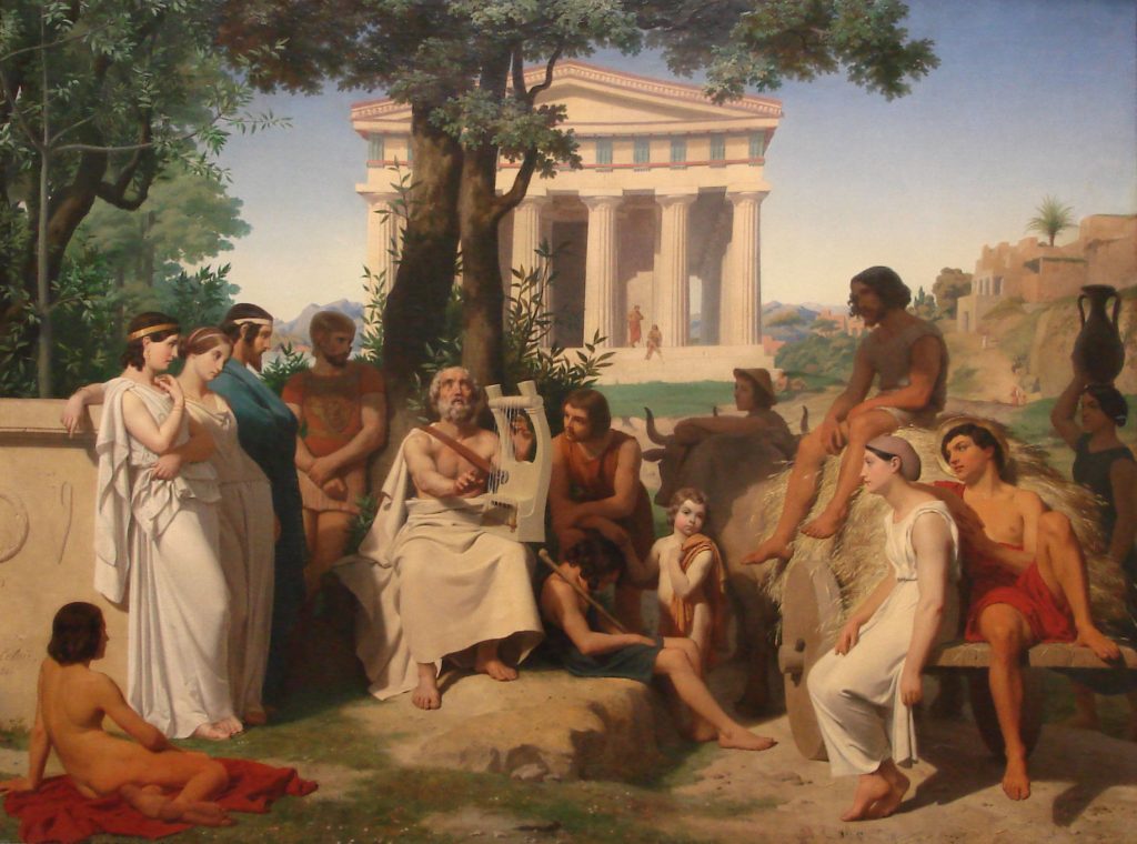 Painting depicting Homer with a lyre performing to a group of listeners