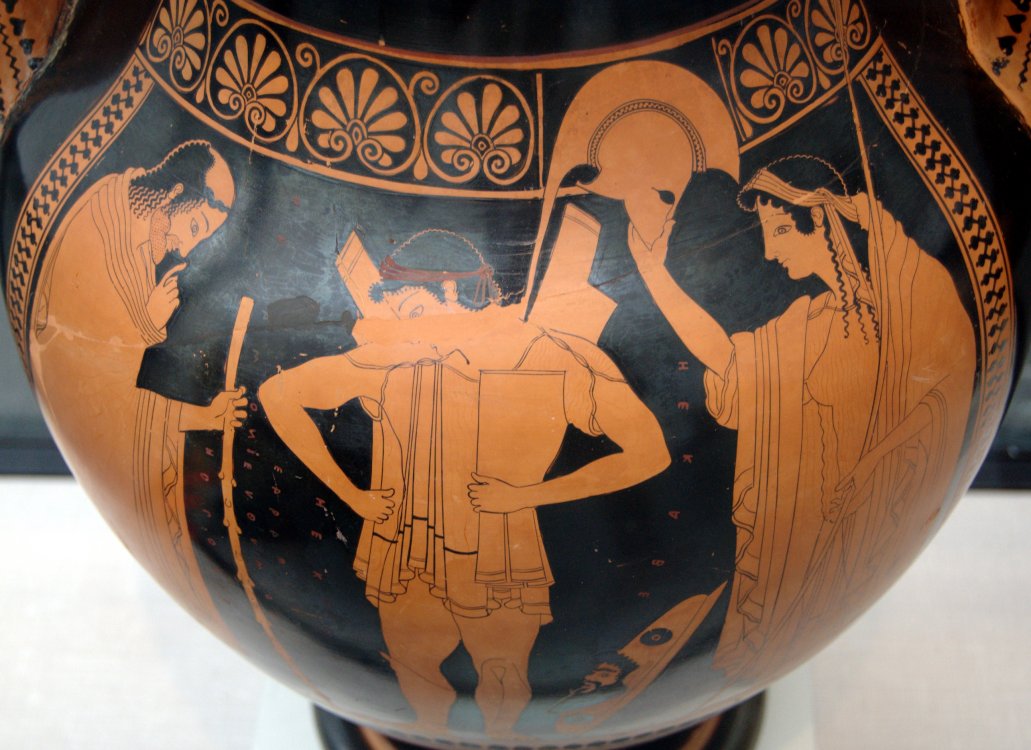 Hector arming himself with Priam and Hecuba looking on
