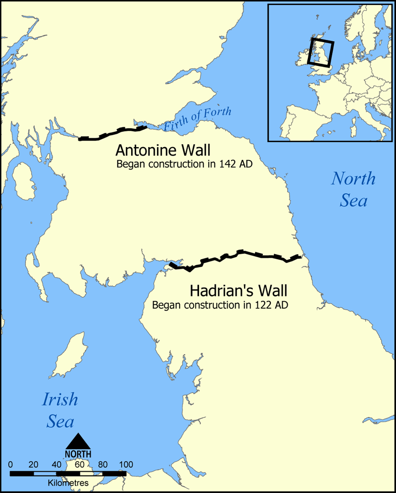 Map showing location of Hadrian's Wall and the Antonine Wall