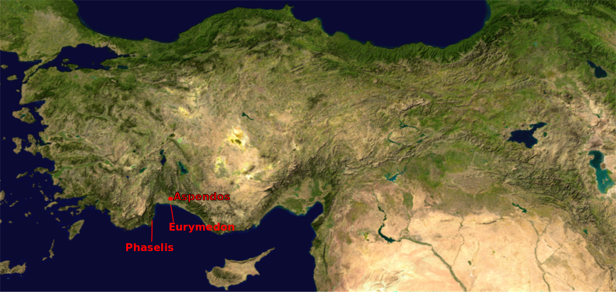 Location map, Asia Minor, showing Phaselis, Eurymedon and Aspendos