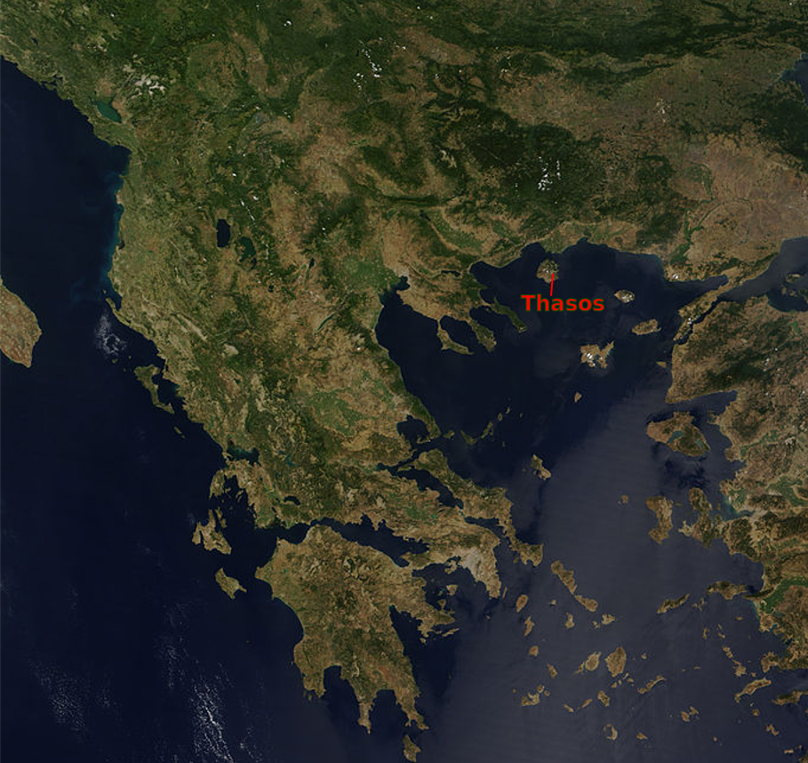 Satellite map showing location of Thasos