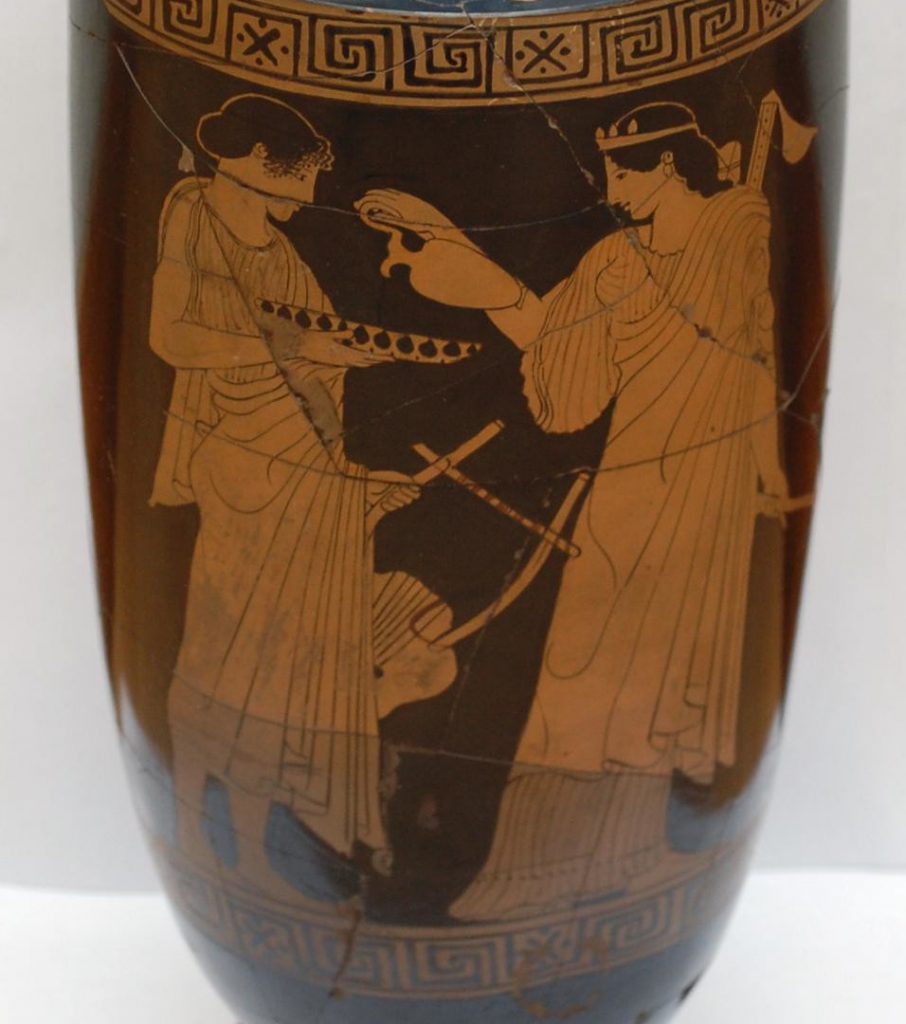 Greek vase: Artemis pouring wine for Apollo