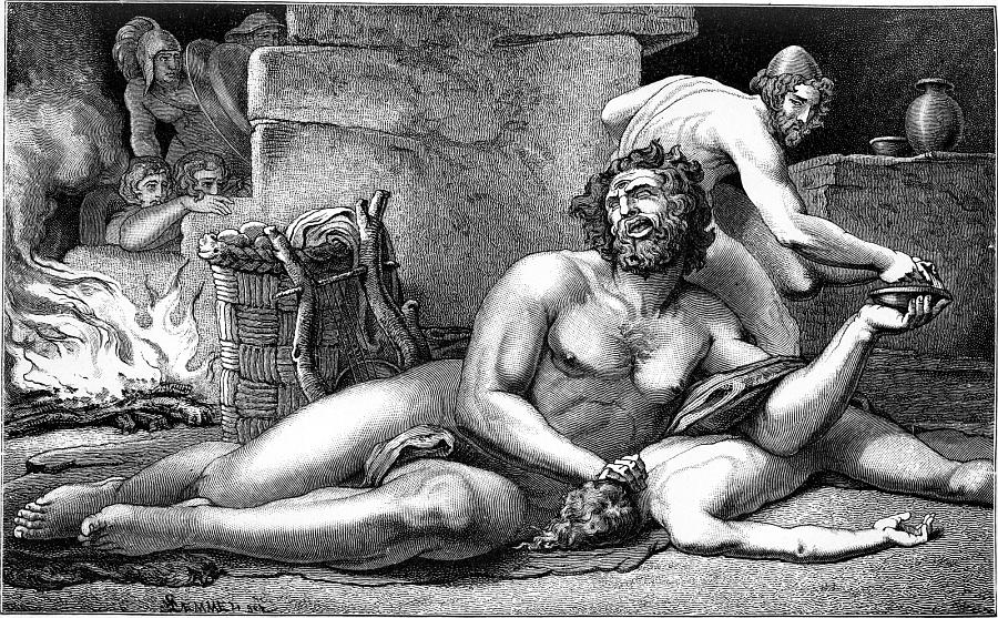 Illustration: Odysseus offering wine toPolyphemus