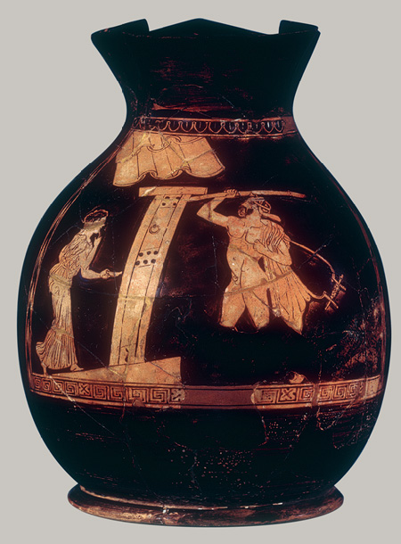 Greek vase: door, roof, man with stick