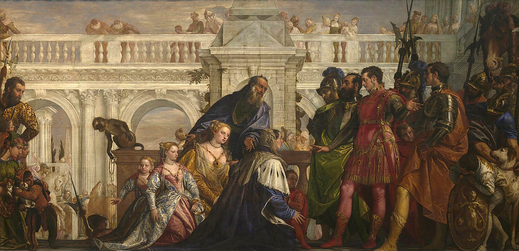 Painting: Center: kneeling lady in robes and ermine-trimmed cloak kneeling with lady and children kneeling behind, bearded man standing beside them. At right a group of men in armor, one of whom is in red, with open gestures. In the background a palace, assorted figures watching, and a tame monkey near the children.