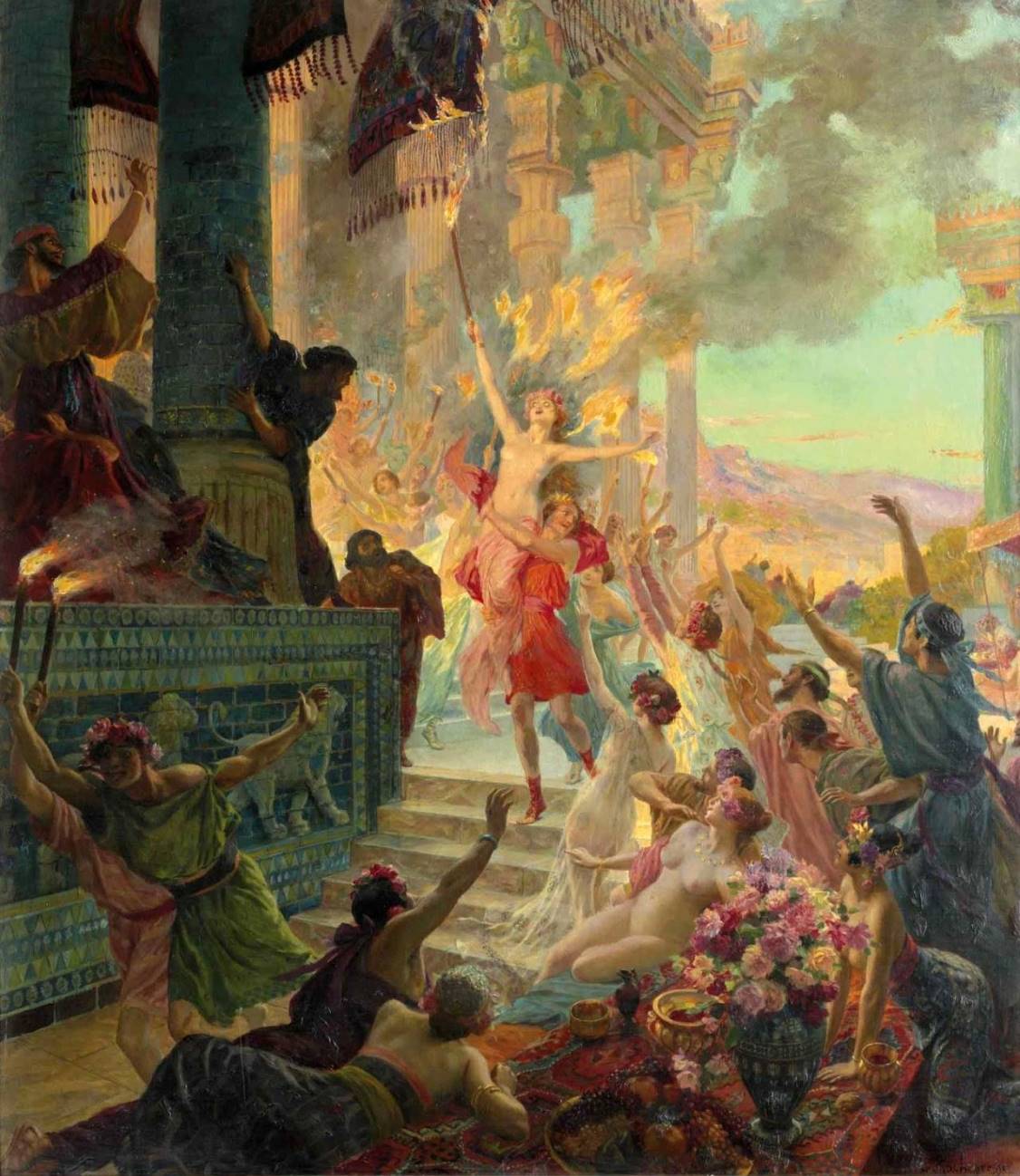 Painting with a man holding up an almost naked women who is brandishing a blazing torch. In the background columns ablaze; in the foreground agitated figures