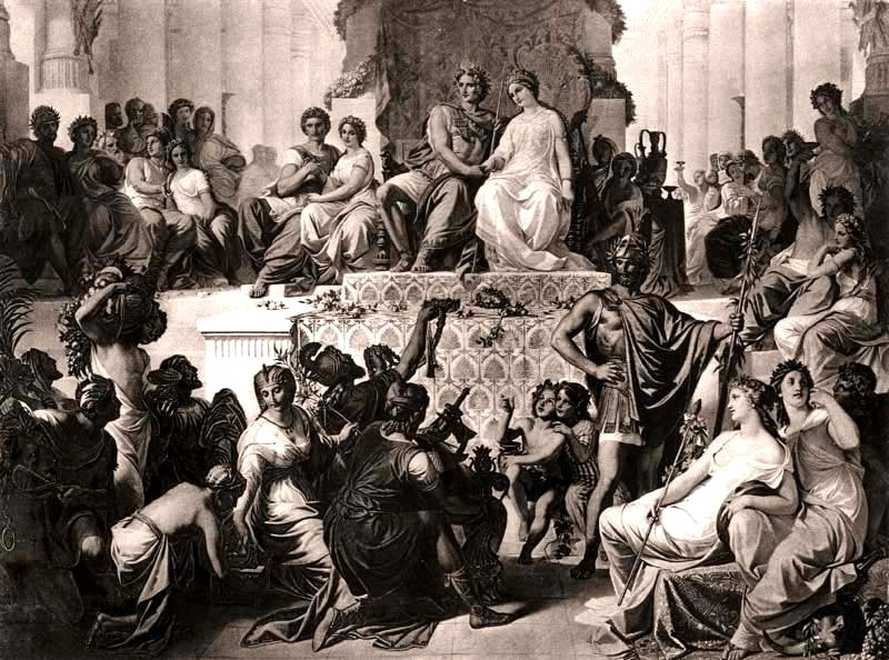 Engraving: robed couple seated on a large canopied throne with carpeted stepsleading up, surrounded by robed couples sitting around embracing each other. Soldier stands guard, kneeling priestly figure raises up a libation.