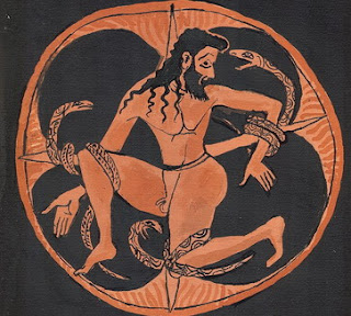 Vase painting: Ixion bound with snakes to a stylized wheel