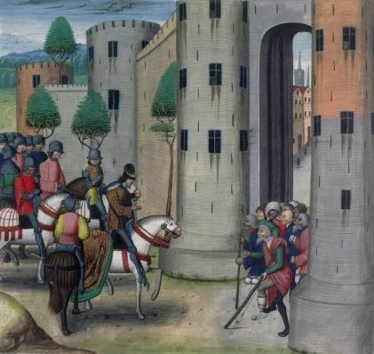 Medieval illustration of knights in armor on horseback entering a medieval style castle
