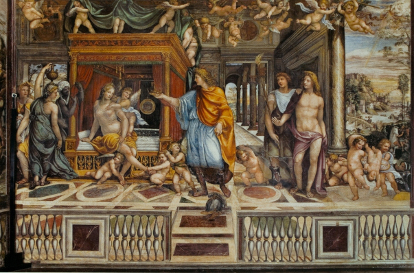 Decorative painting of a bedroom, scantily clad woman on a bed facing partially clad Alexander, various attendants and an abundance of naked cherubs