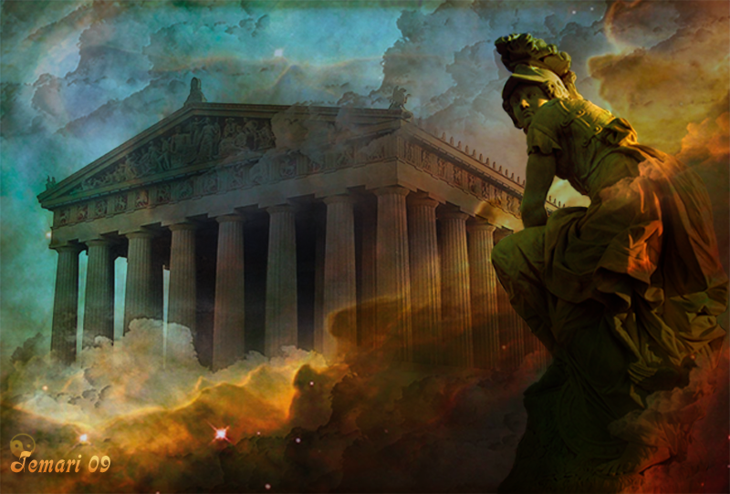 Photo montage: ancient Greek temple, crouched figure of armed Athena looking across the scene, all overlaid with cloudy skies and stars. 
