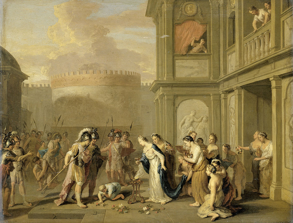 Painting: Alexander the Great with some soldiers is greeted by women in front of a large palace, with other buildings in the background 