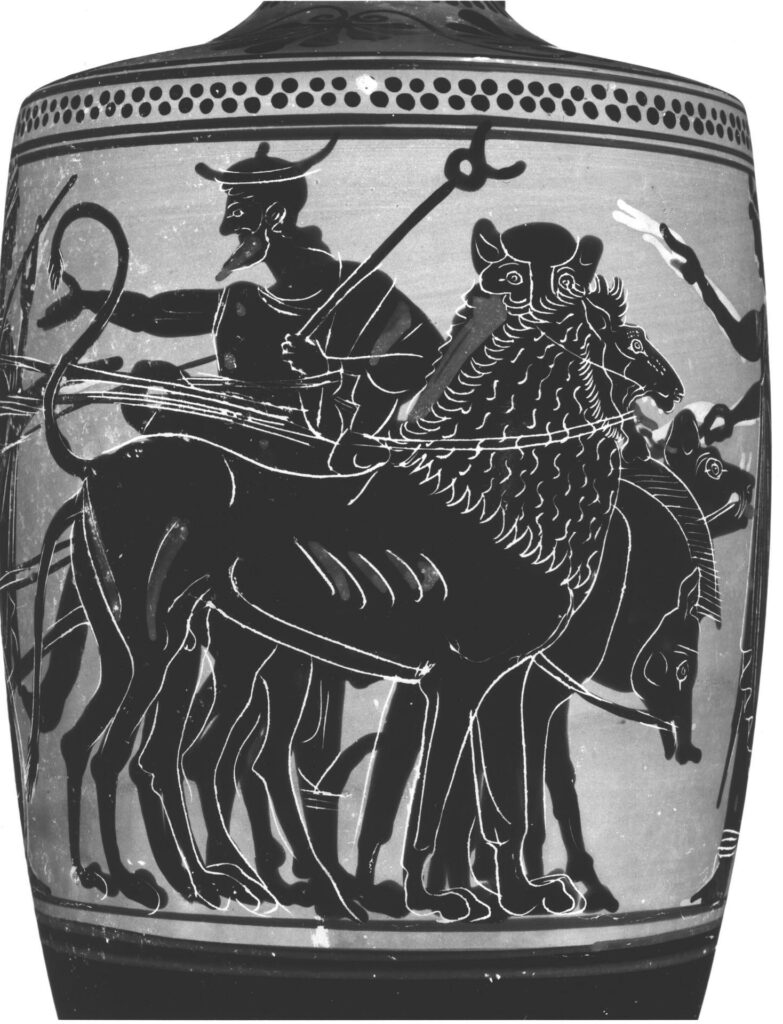 Vase painting of chariot with lions, wolf, boar