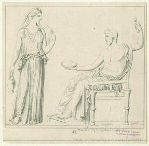 Lithograph of uncertain origin. Zeus, seated, holds a bowl. Hebe, standing before him, holds a pitcher.